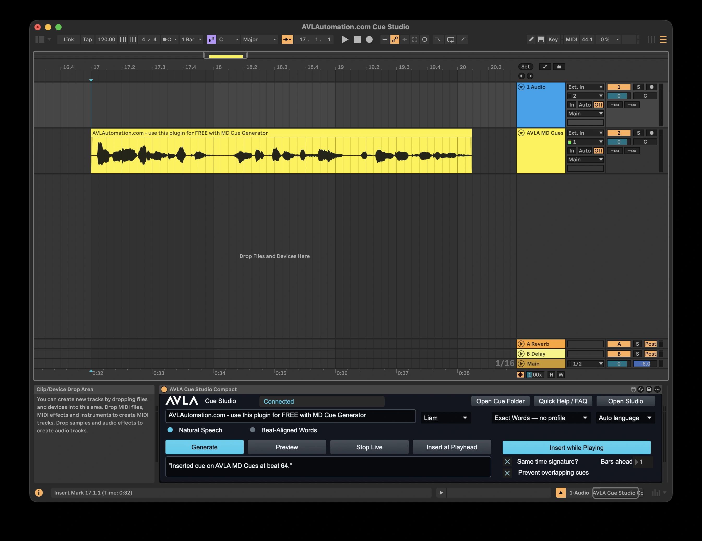 DAW Cue Studio plugin inside Ableton Live with a spoken cue inserted on an audio track